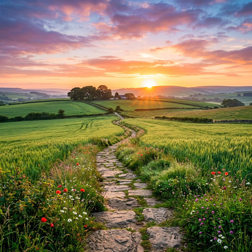 Winding stone path through green fields with wildflowers under a colorful sunset sky