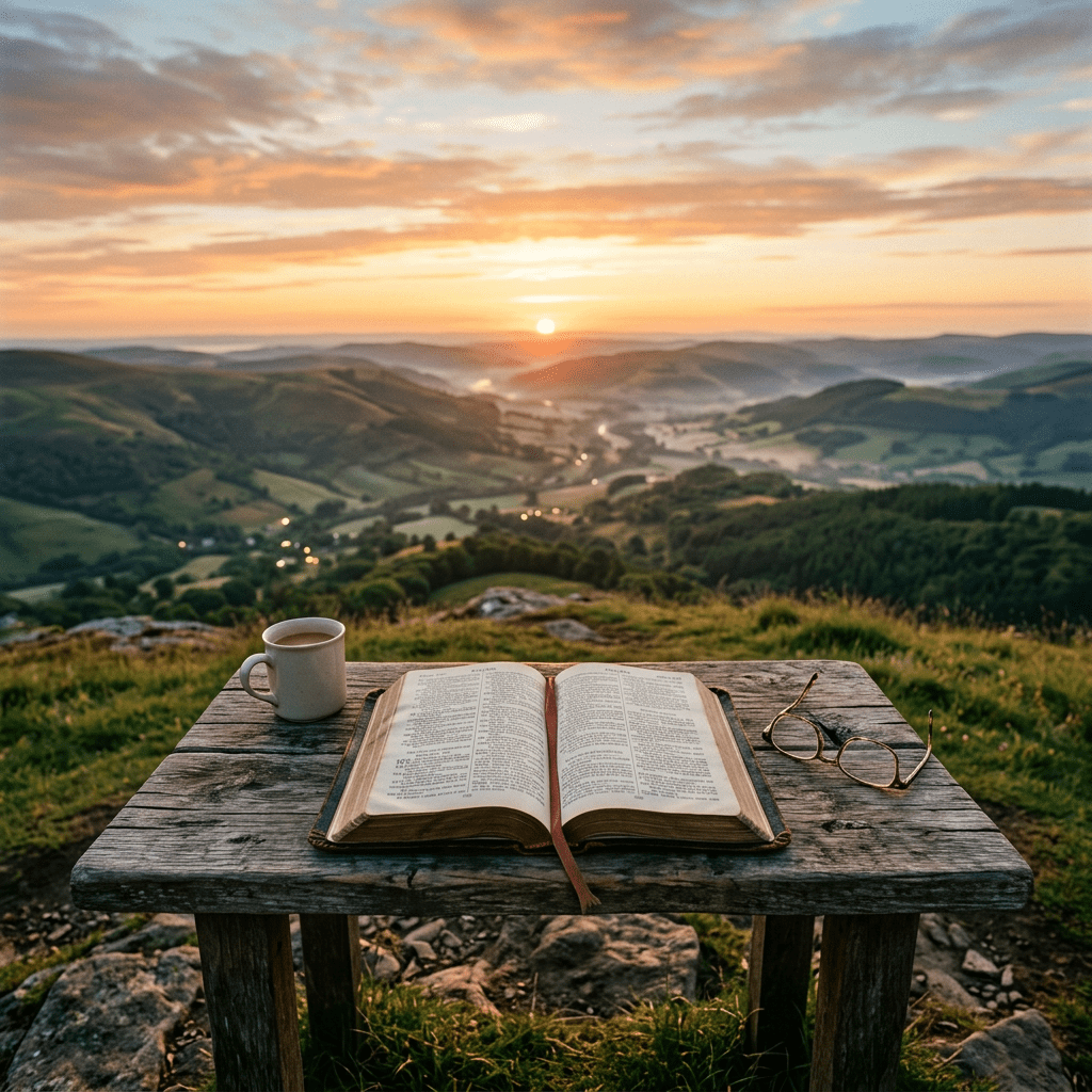 Open Bible on bench with coffee and glasses at sunrise overlooking green hills