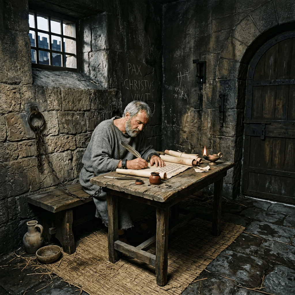 Medieval prisoner seated at wooden table writing on parchment with quill in stone cell