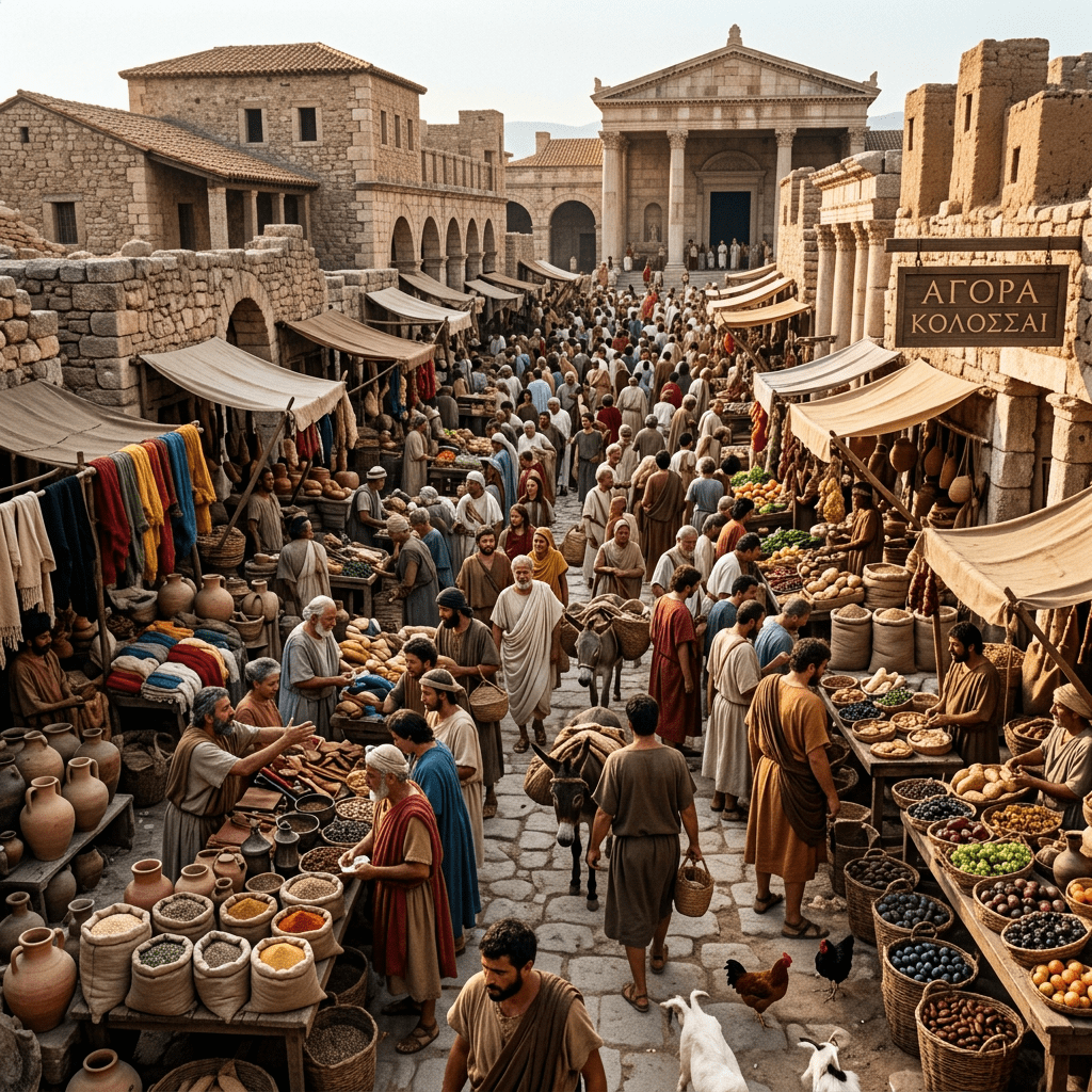 Crowded ancient marketplace with vendors selling spices, fruits, pottery, and textiles