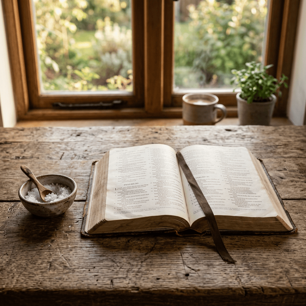 Open book with bookmark on wooden table near window with potted plant and mug