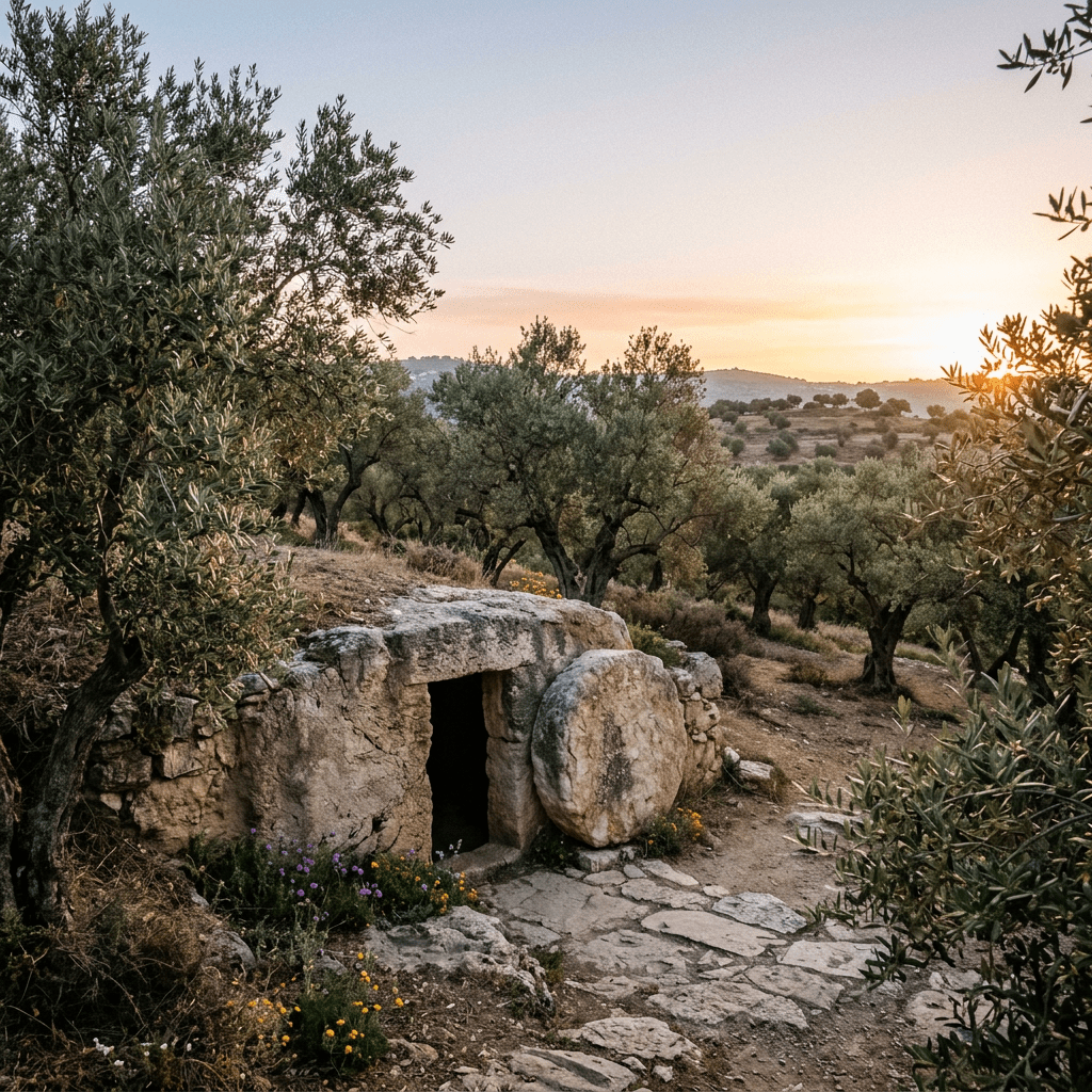 Ancient stone tomb with round stone door open in olive grove during sunset