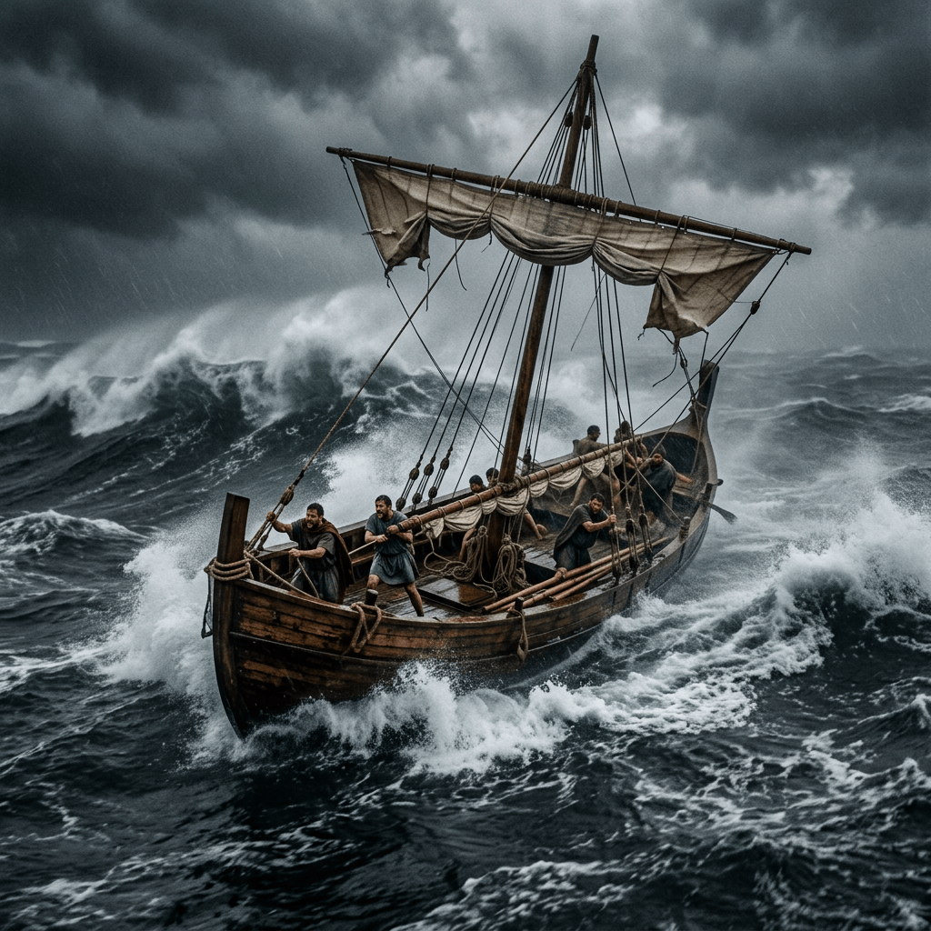 Wooden ancient ship with torn sails and men aboard navigating stormy sea