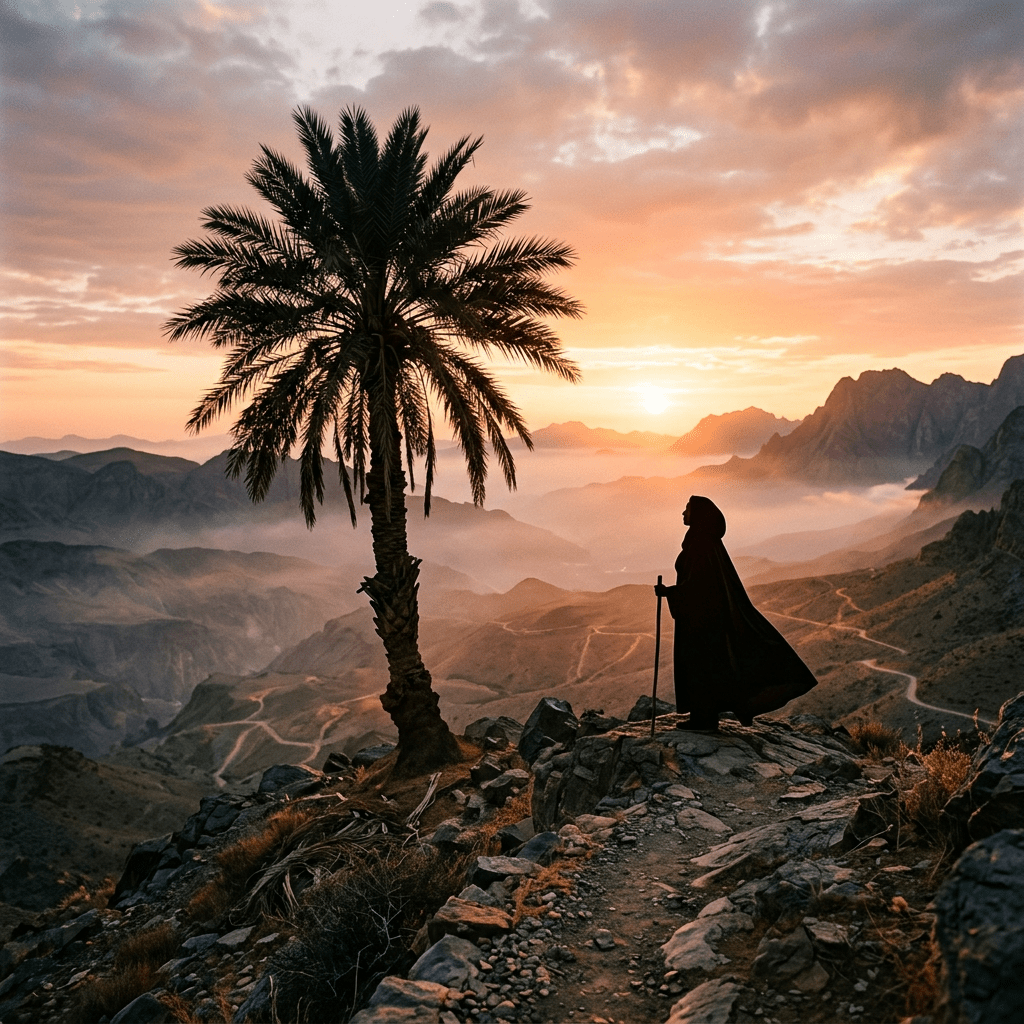 Silhouetted person in dark cloak with walking stick standing near a palm tree on rocky terrain at sunrise over mountainous landscape with mist and winding paths