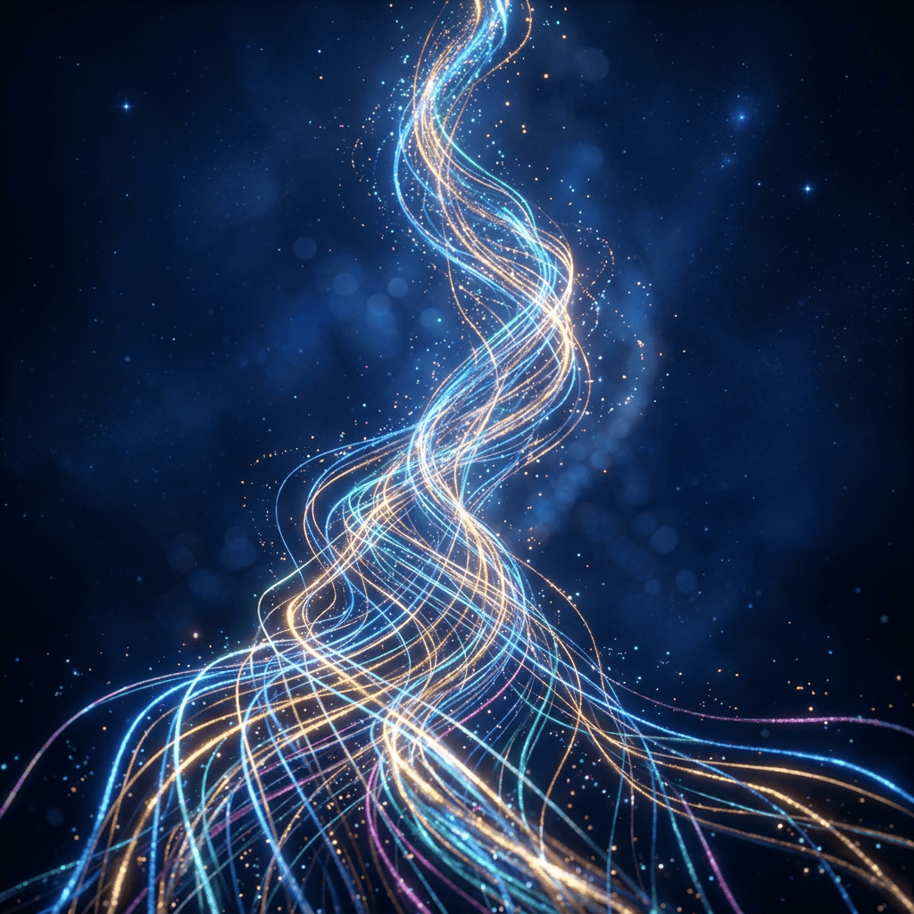 Twisting strands of glowing blue, orange, and purple fiber optic lights against a dark blue background