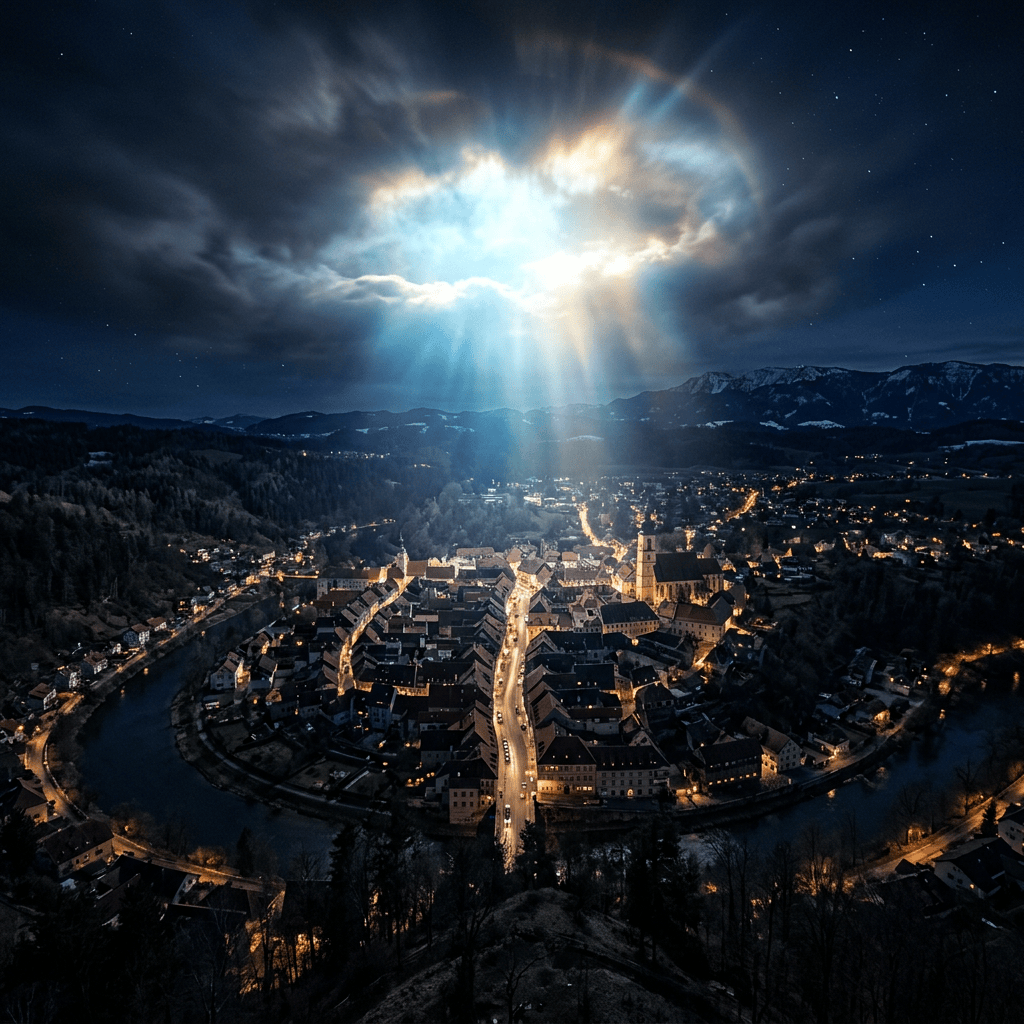 Night aerial view of a town under glowing halo clouds with light beams