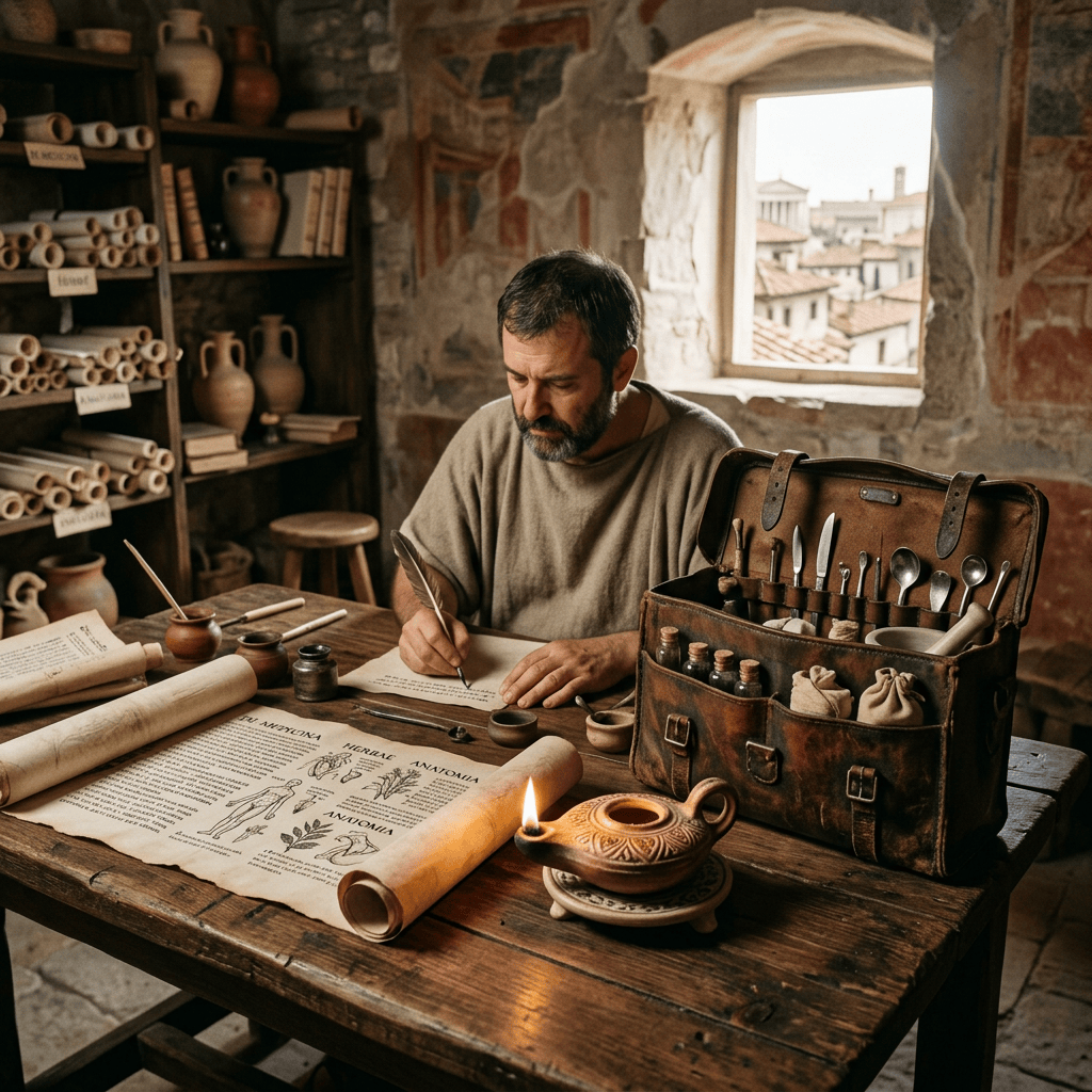 Man writing with a quill at a wooden table covered with ancient medical scrolls and a vintage medical kit