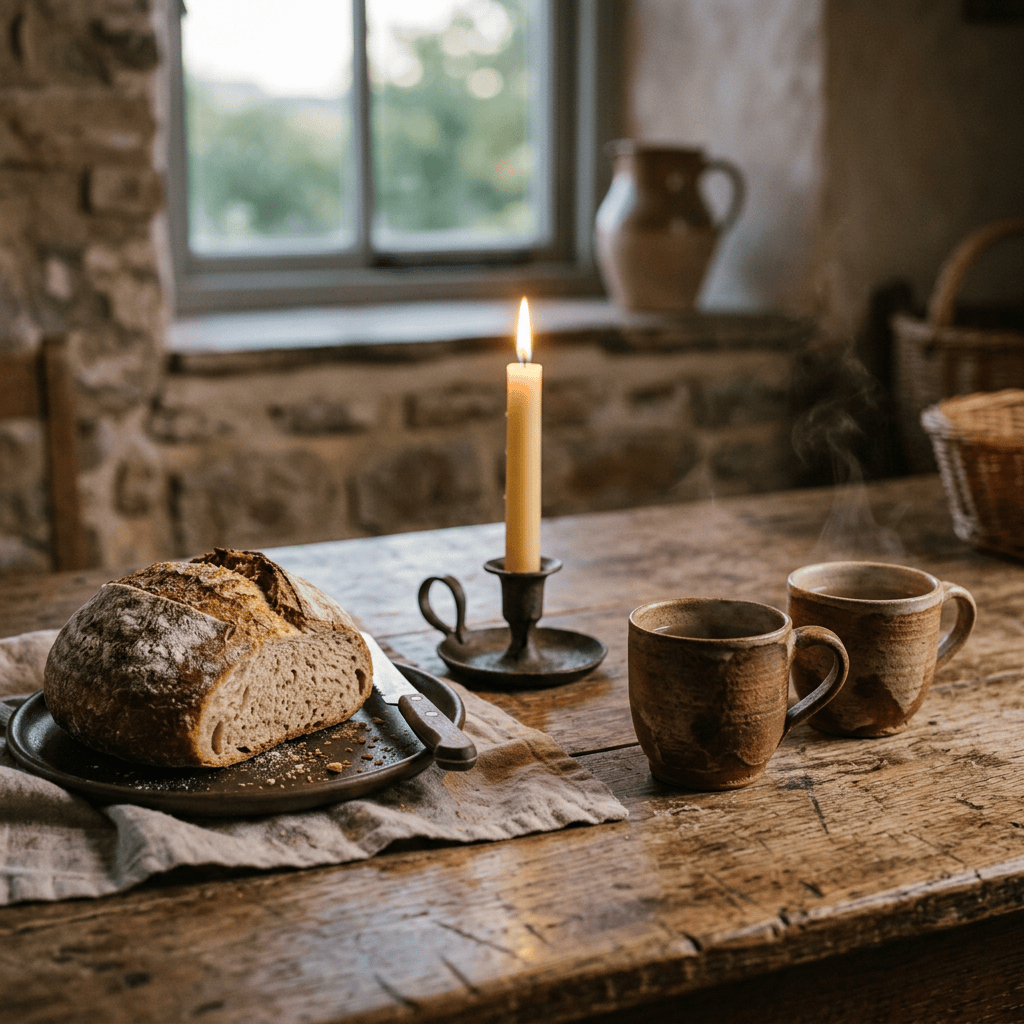 Loaf of rustic bread on a plate with knife, two steaming cups, and a lit candle on wooden table