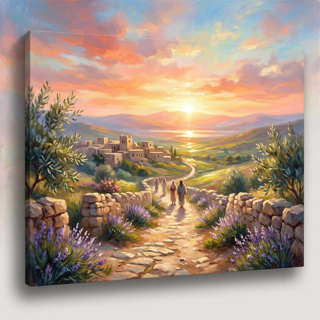 Three travelers walking along a flower-lined path toward a village at sunset