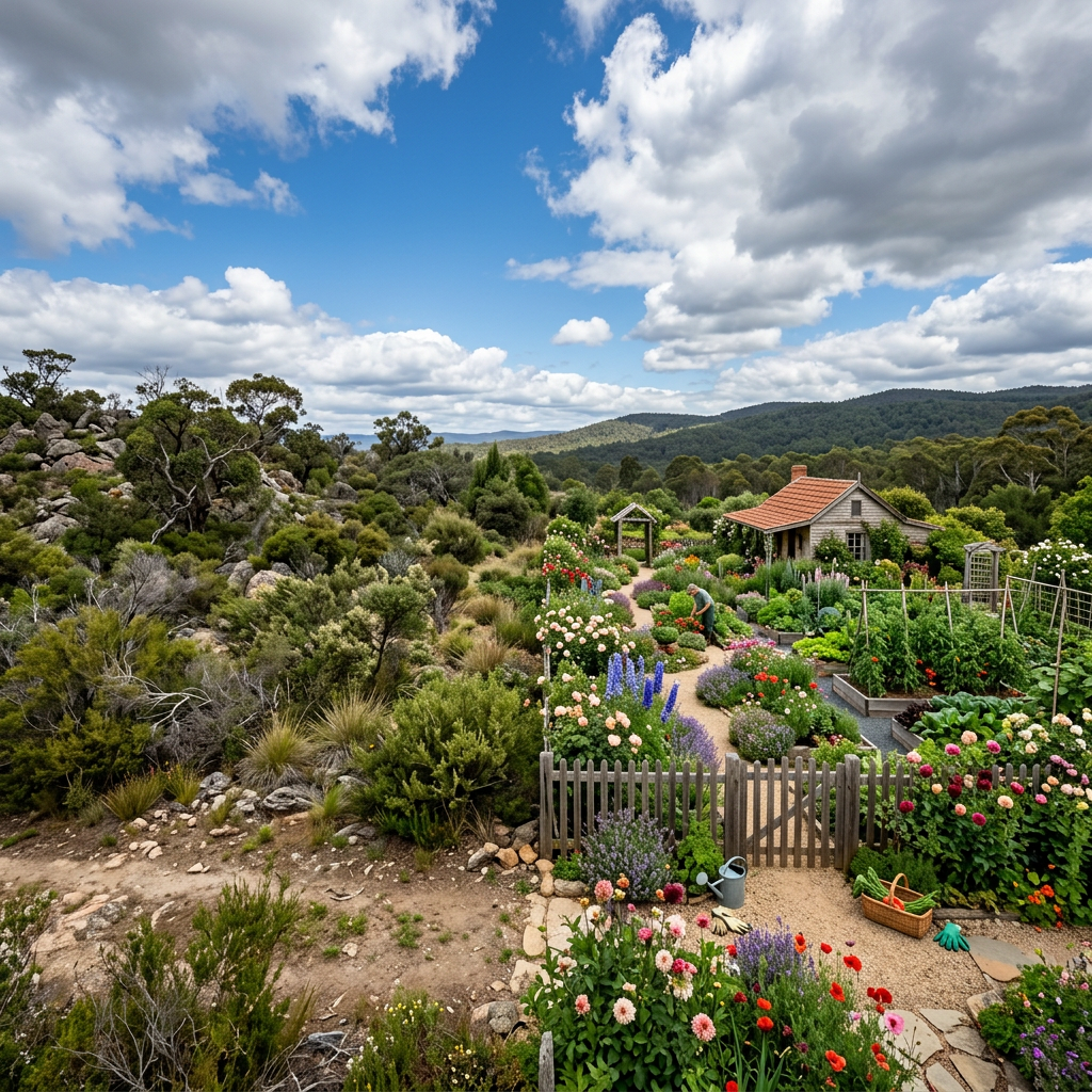 Colorful cottage garden beside a small house in mountain bushland