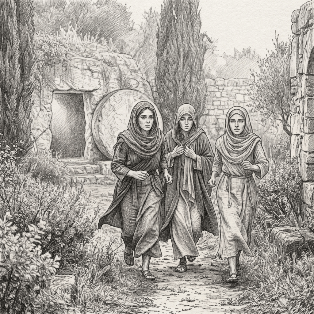Three women hurrying through ancient stone ruins at dawn