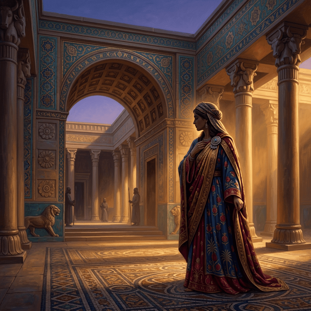 Woman in ornate robes standing in a richly decorated palace courtyard
