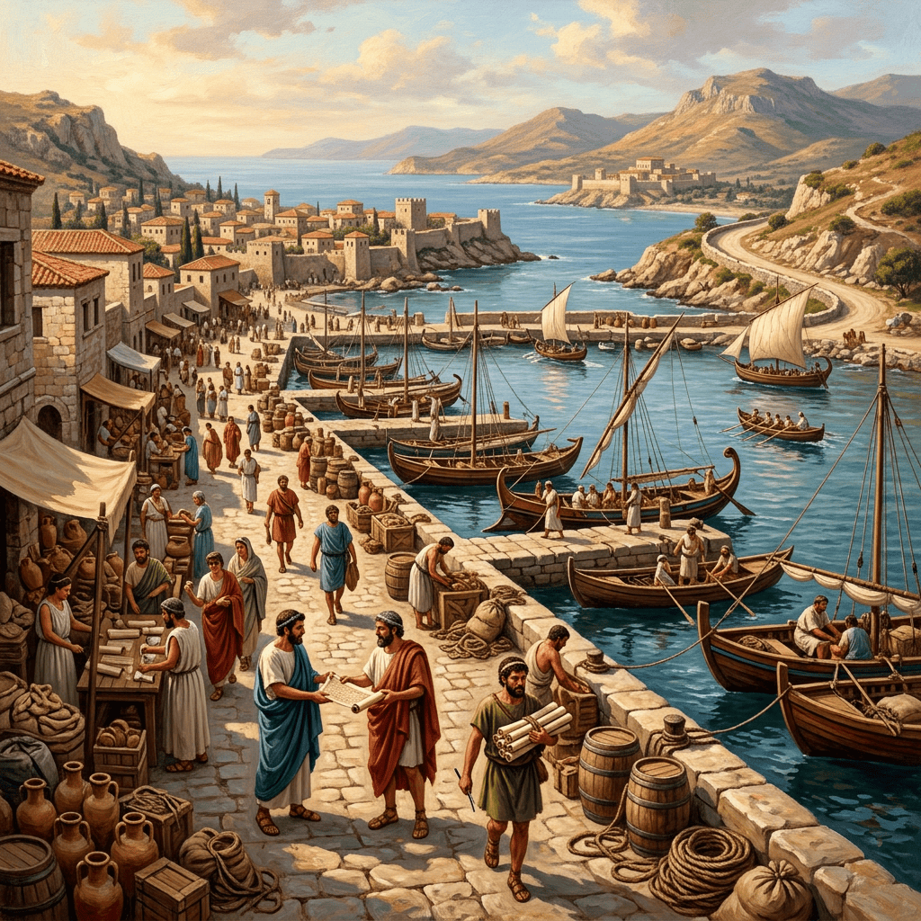 Ancient Mediterranean harbor with merchants, sailing boats, stone buildings, and coastal mountains