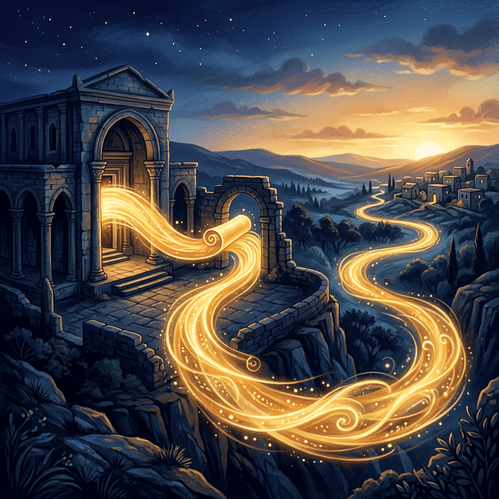 Golden magical stream flowing from ancient ruins through a moonlit valley